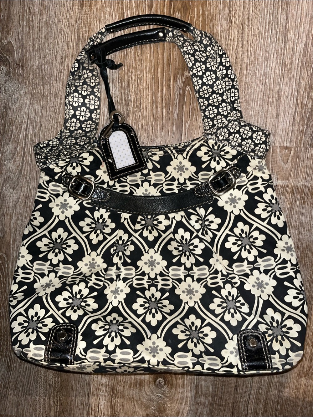 Black & Cream Floral Pattern FossilTote Bag with Leather Trim